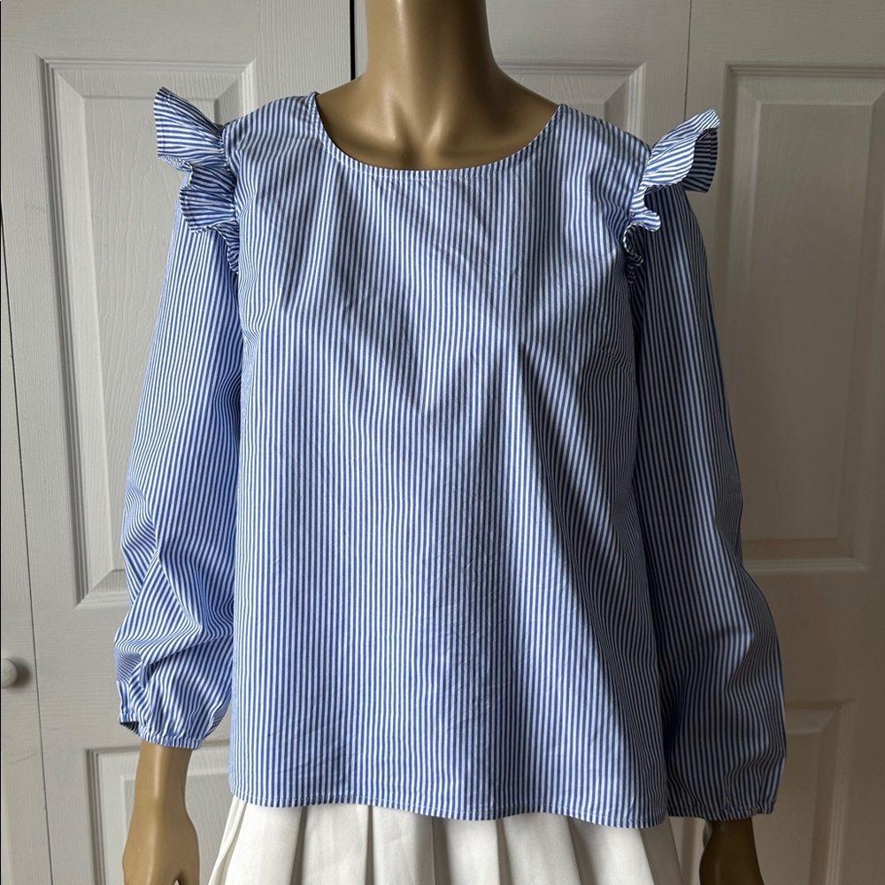 J. Crew Blue and White Striped Blouse with Ruffle Sleeves - Picture 10 of 13